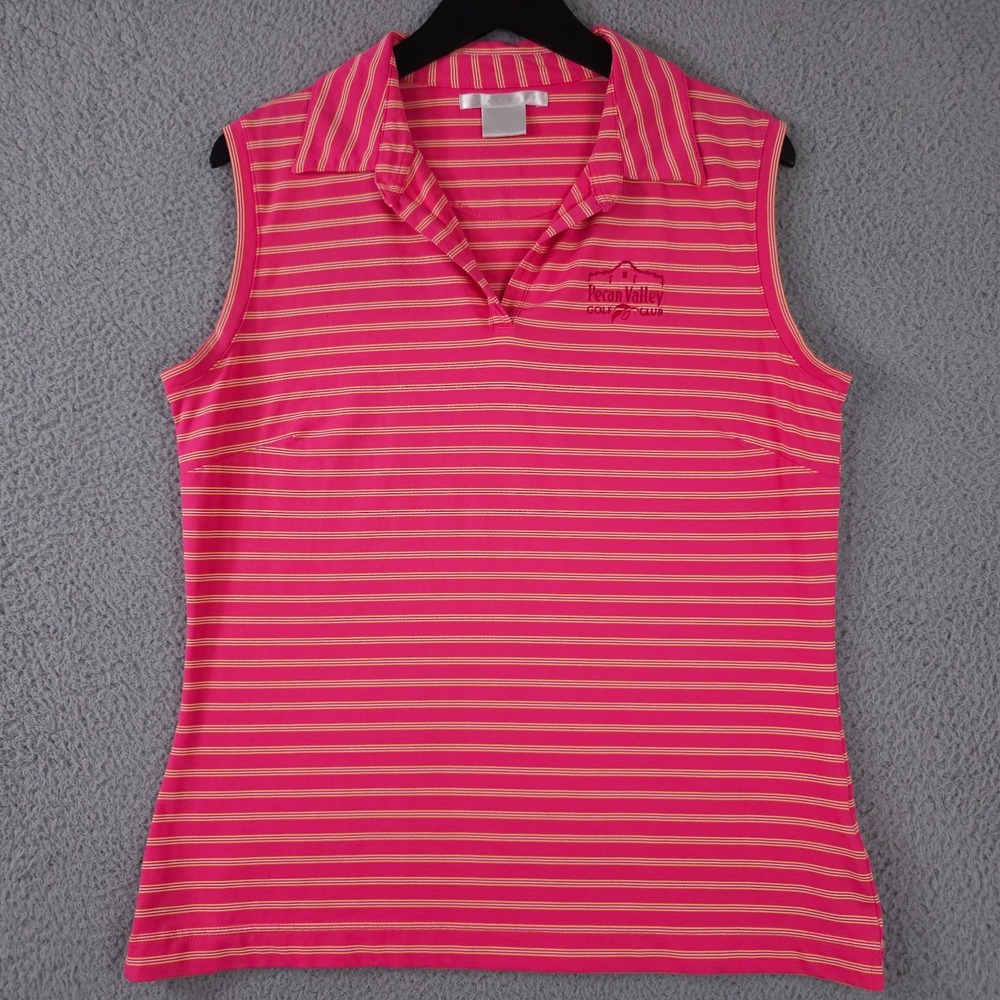 VTG Nike Golf Shirt Womens XL Pink Striped Sleeveless Dri‎ Fit Pecan Valley Club